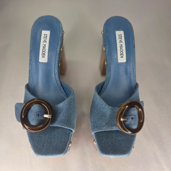 NWT Steve Madden Women's Dinnah Platform Buckle Dress Sandals - Denim - Picture 2 of 9